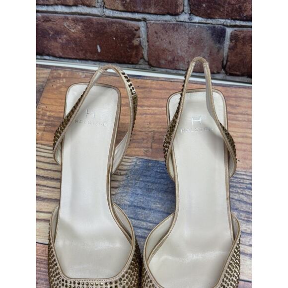 Halston Women's Hawaii Embellished Slingback Pointed Toe Heels Gold Rhinestone 8 - Picture 3 of 12